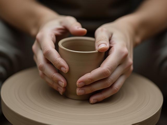 Töpferkurs Anfänger: eine Hand formt Ton auf einer Töpferscheibe