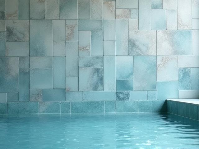 Handgemachte Keramikfliesen in Blautönen, die eine beruhigende Wand in einem luxuriösen Wellnessbereich zieren.