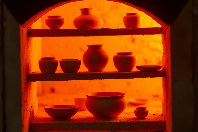 Keramikstücke, die im Ofen gebrannt werden.